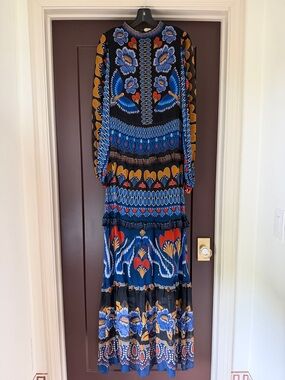 FARM Rio Bohemian Long Sleeve Floral Maxi Dress in Blue and Mustard